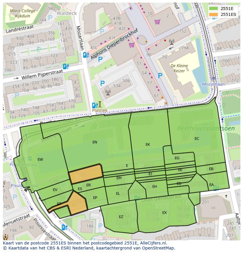 Afbeelding van het postcodegebied 2551 ES op de kaart.