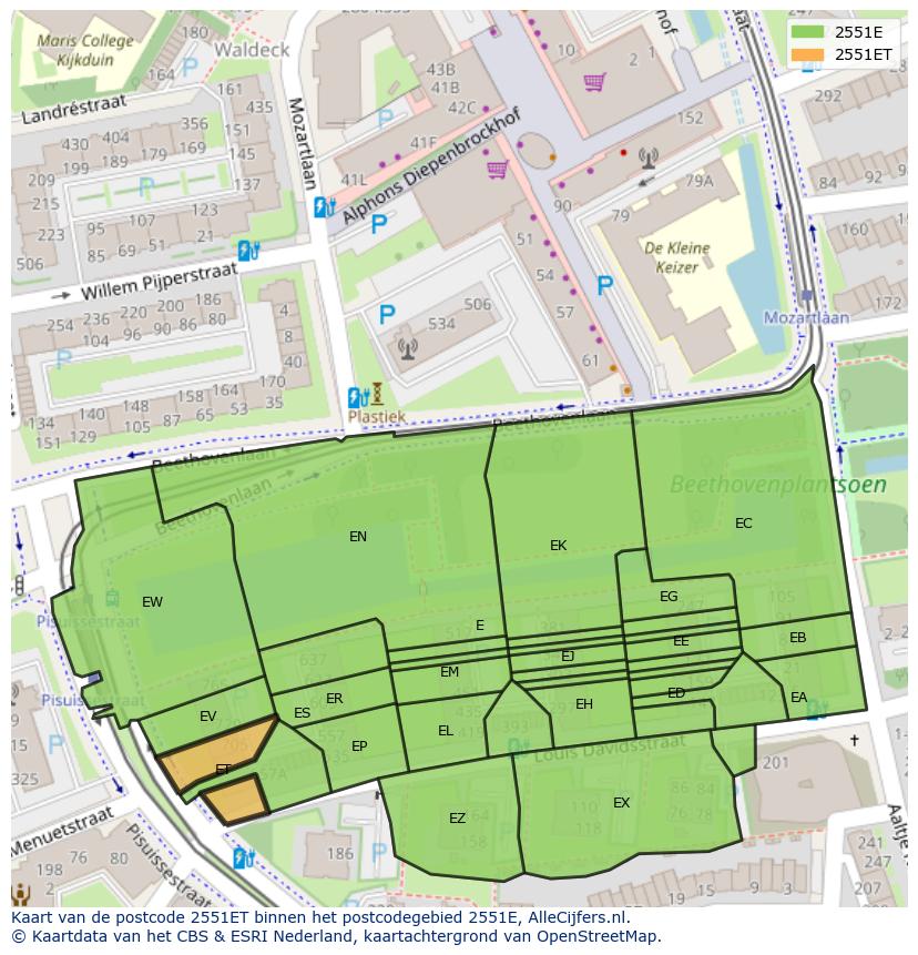 Afbeelding van het postcodegebied 2551 ET op de kaart.