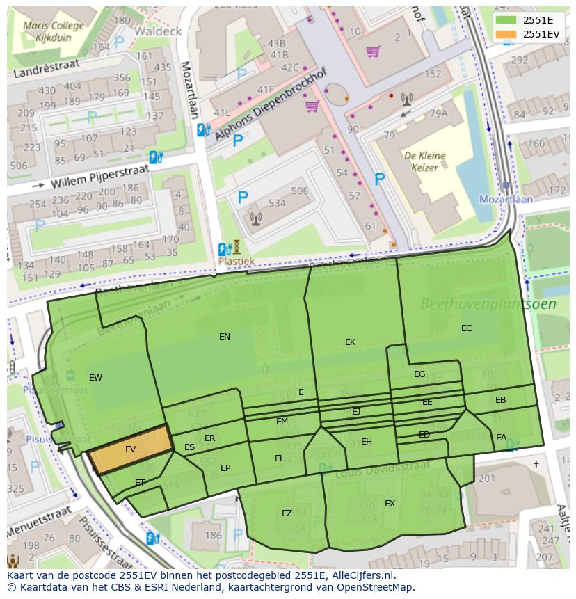 Afbeelding van het postcodegebied 2551 EV op de kaart.