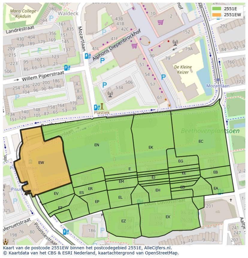 Afbeelding van het postcodegebied 2551 EW op de kaart.