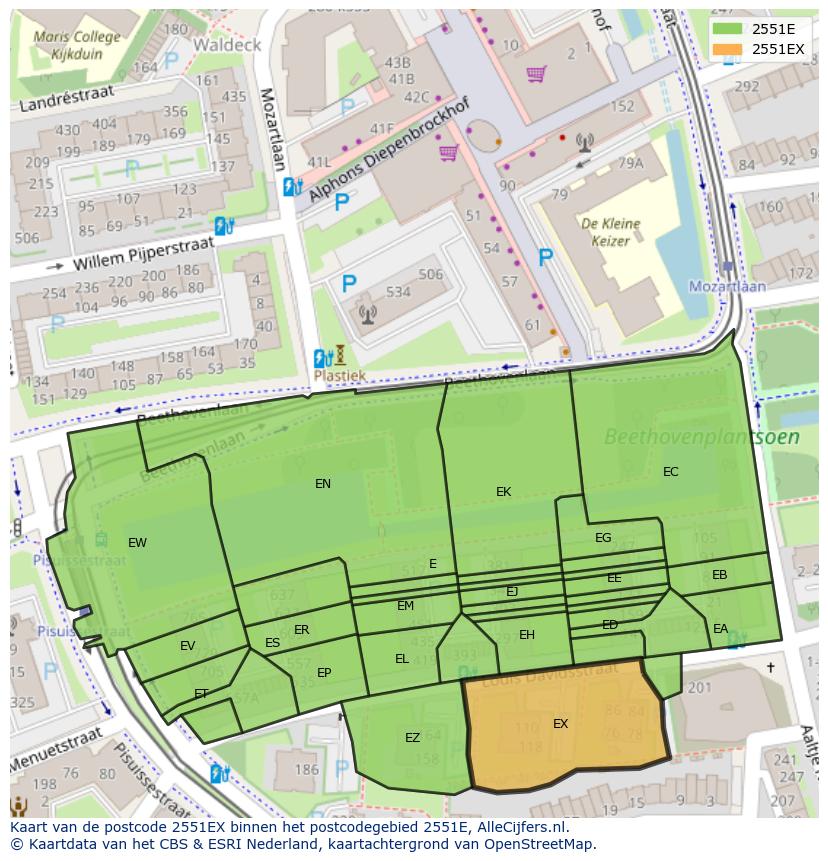 Afbeelding van het postcodegebied 2551 EX op de kaart.