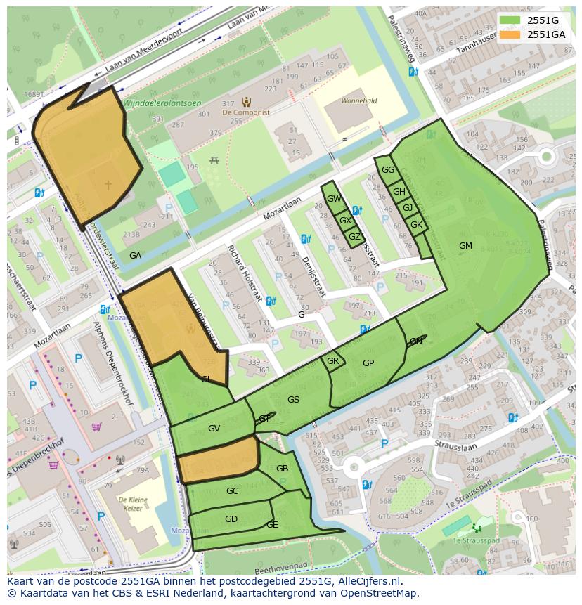 Afbeelding van het postcodegebied 2551 GA op de kaart.