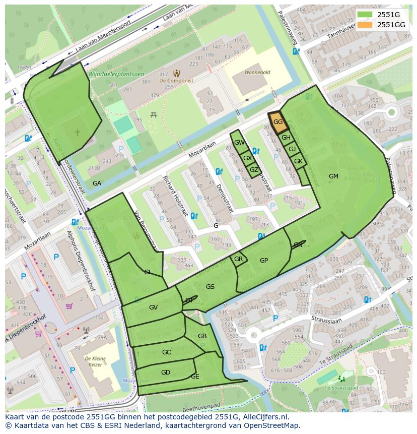 Afbeelding van het postcodegebied 2551 GG op de kaart.