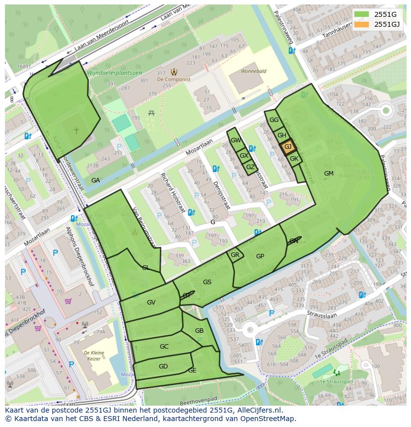 Afbeelding van het postcodegebied 2551 GJ op de kaart.