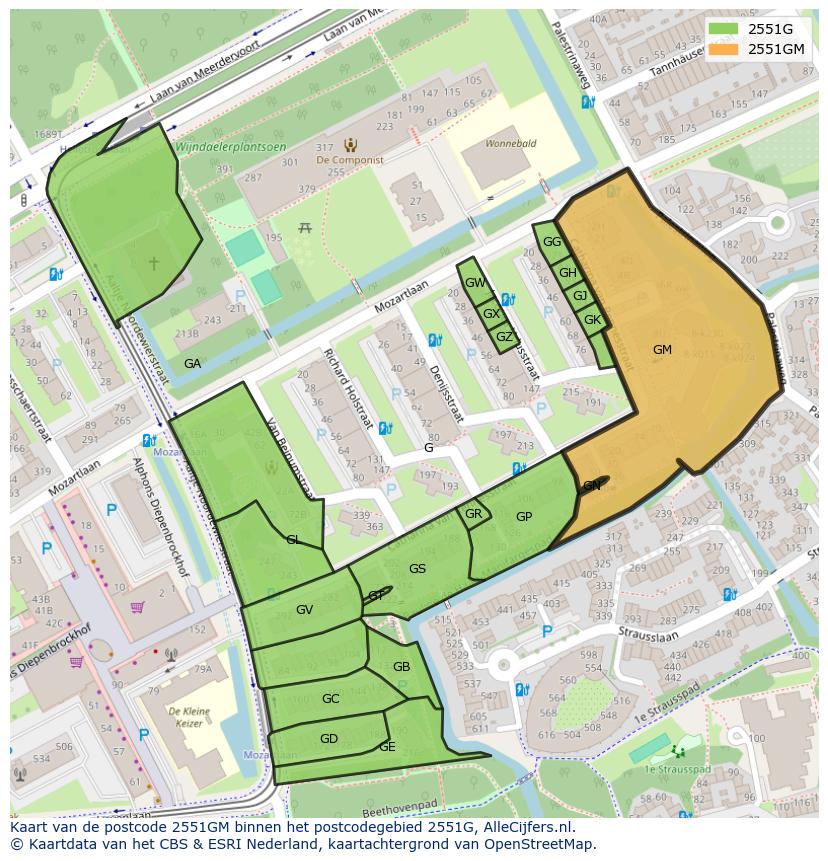 Afbeelding van het postcodegebied 2551 GM op de kaart.