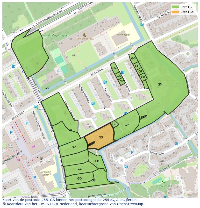 Afbeelding van het postcodegebied 2551 GS op de kaart.