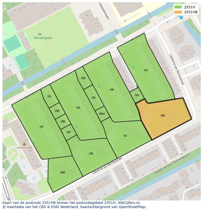 Afbeelding van het postcodegebied 2551 HB op de kaart.