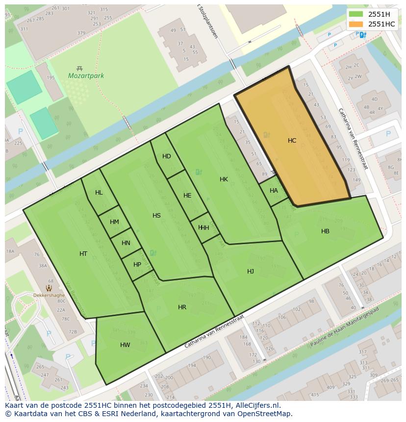 Afbeelding van het postcodegebied 2551 HC op de kaart.