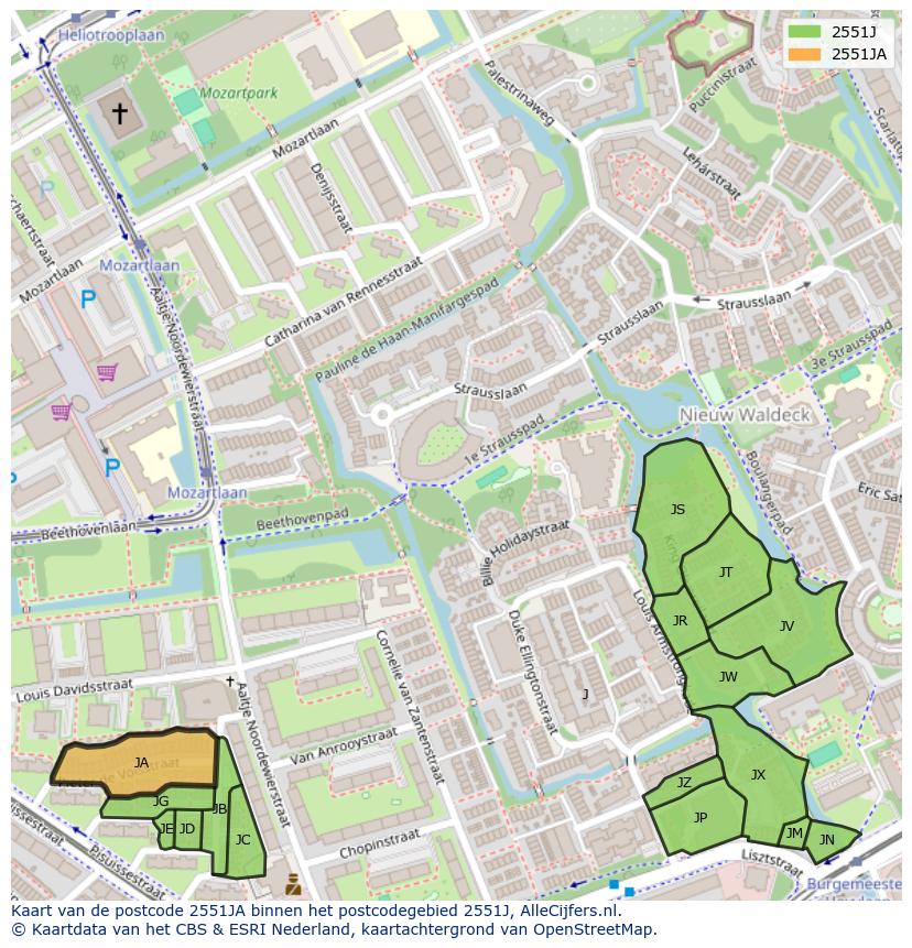 Afbeelding van het postcodegebied 2551 JA op de kaart.