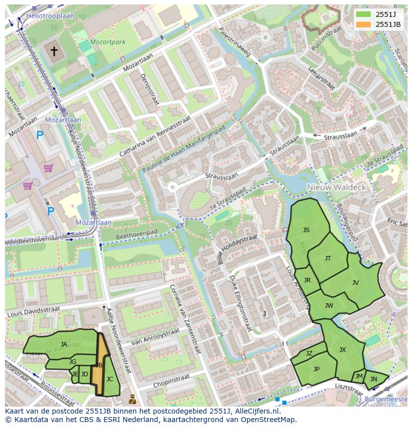 Afbeelding van het postcodegebied 2551 JB op de kaart.