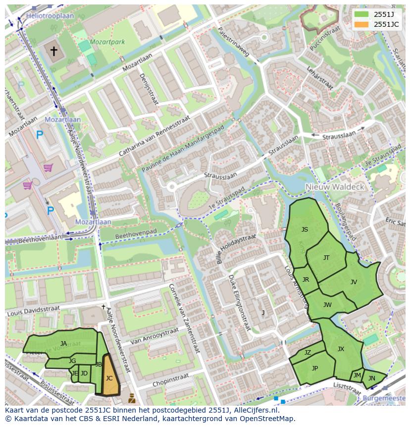 Afbeelding van het postcodegebied 2551 JC op de kaart.