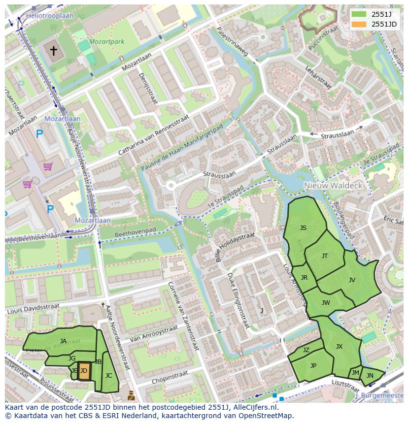 Afbeelding van het postcodegebied 2551 JD op de kaart.
