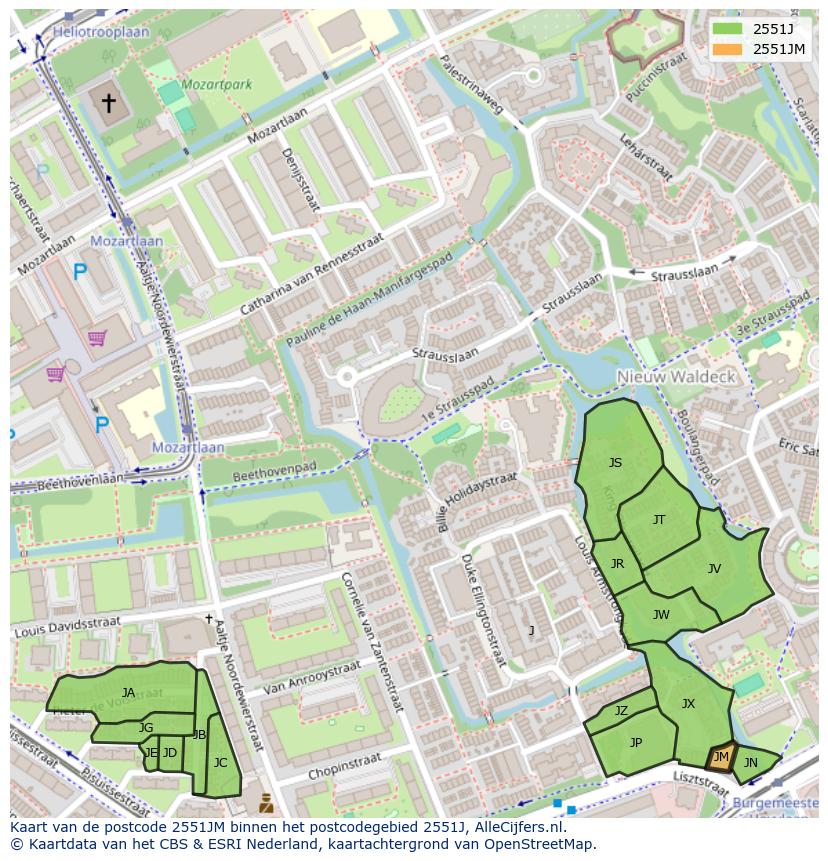 Afbeelding van het postcodegebied 2551 JM op de kaart.