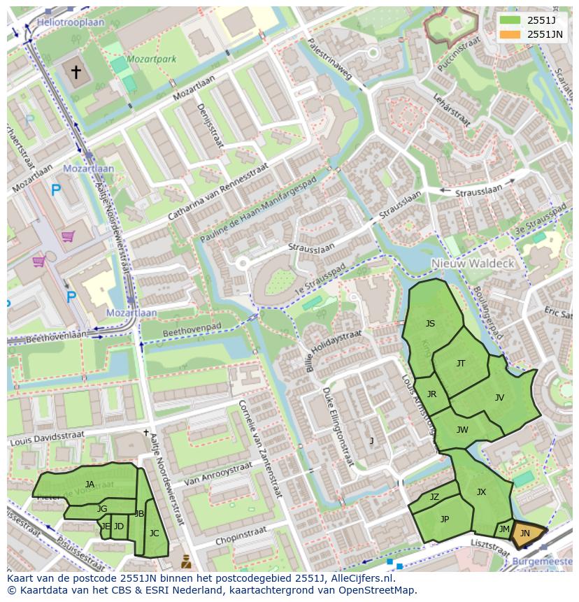 Afbeelding van het postcodegebied 2551 JN op de kaart.