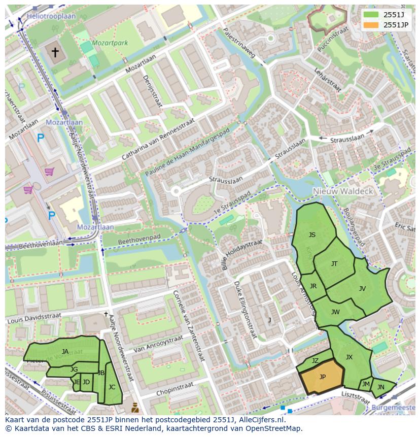 Afbeelding van het postcodegebied 2551 JP op de kaart.