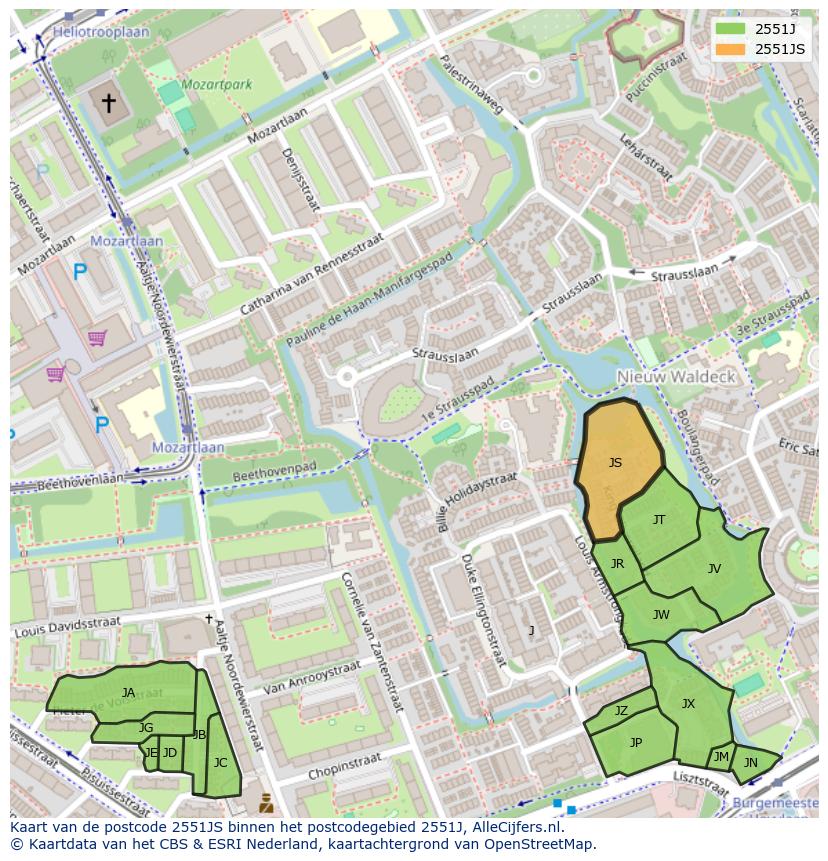 Afbeelding van het postcodegebied 2551 JS op de kaart.