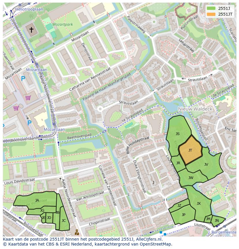 Afbeelding van het postcodegebied 2551 JT op de kaart.