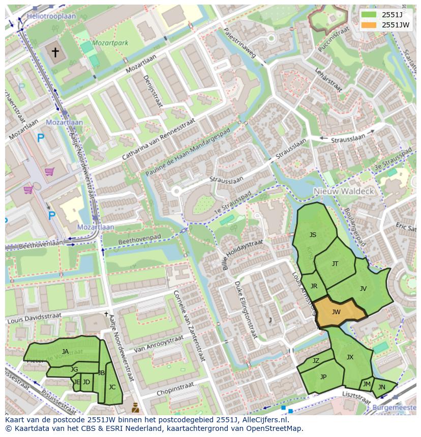 Afbeelding van het postcodegebied 2551 JW op de kaart.