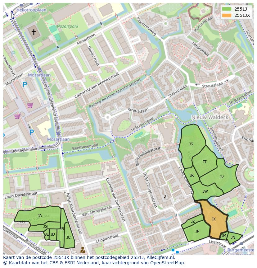 Afbeelding van het postcodegebied 2551 JX op de kaart.