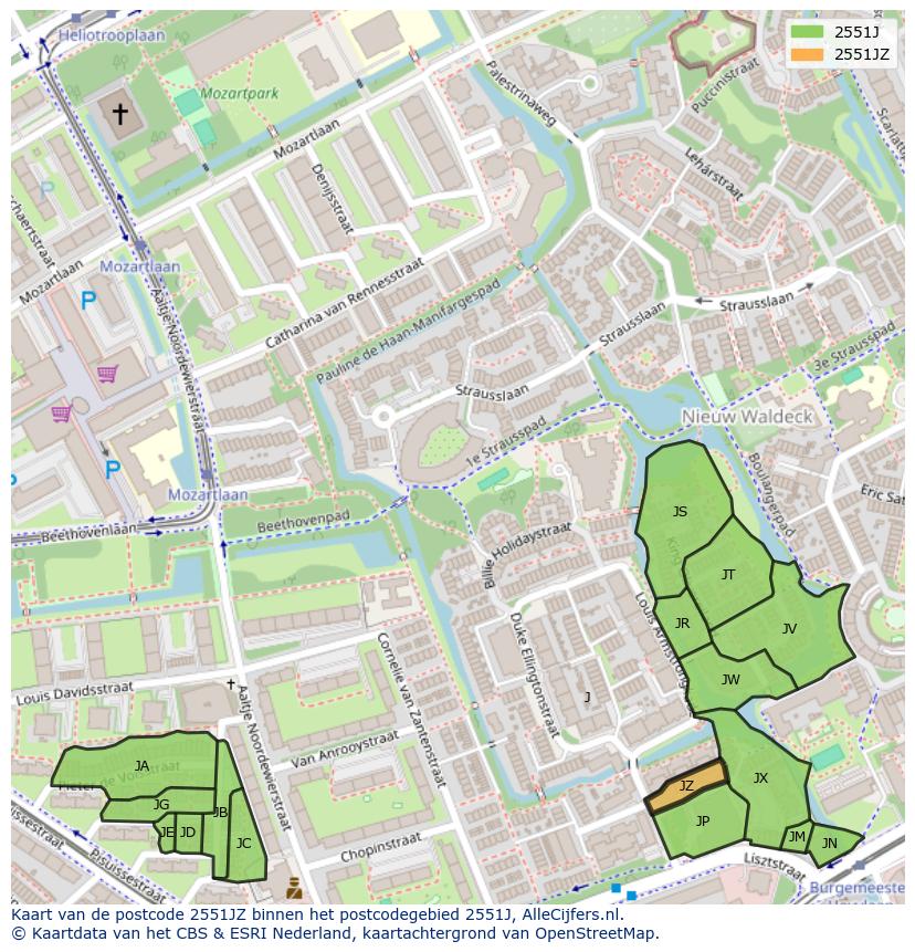 Afbeelding van het postcodegebied 2551 JZ op de kaart.