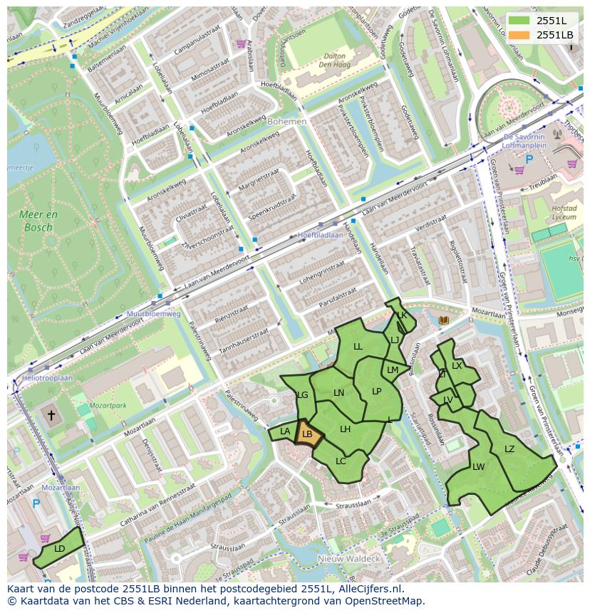 Afbeelding van het postcodegebied 2551 LB op de kaart.