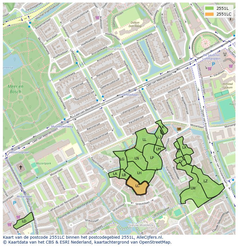 Afbeelding van het postcodegebied 2551 LC op de kaart.