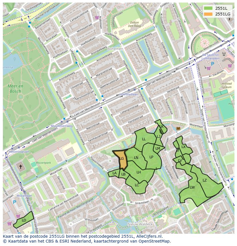 Afbeelding van het postcodegebied 2551 LG op de kaart.
