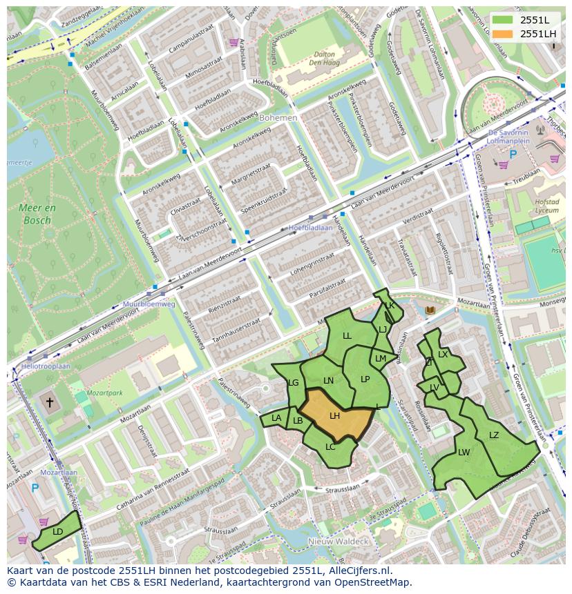 Afbeelding van het postcodegebied 2551 LH op de kaart.