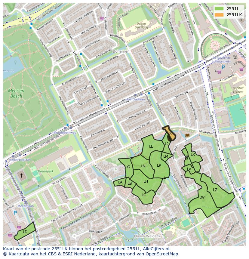 Afbeelding van het postcodegebied 2551 LK op de kaart.