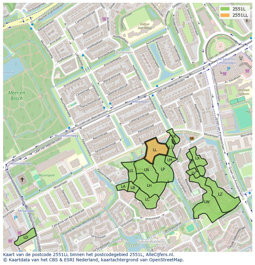 Afbeelding van het postcodegebied 2551 LL op de kaart.
