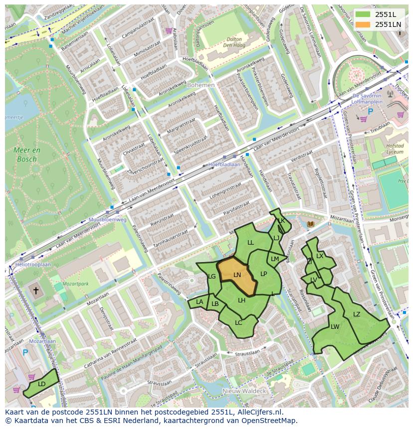 Afbeelding van het postcodegebied 2551 LN op de kaart.