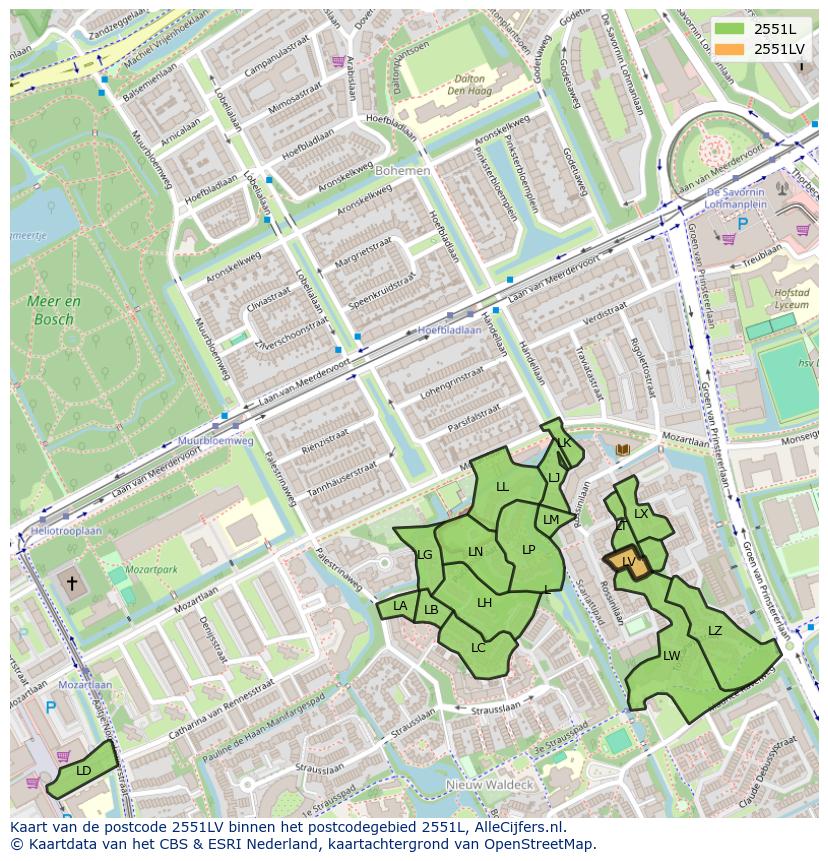 Afbeelding van het postcodegebied 2551 LV op de kaart.