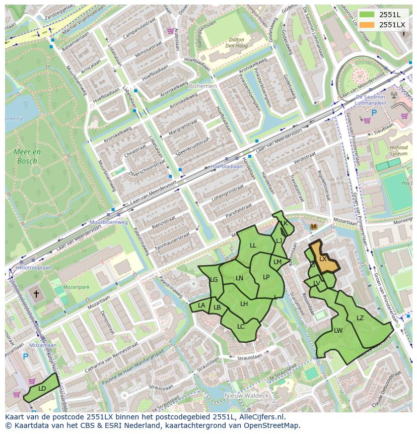 Afbeelding van het postcodegebied 2551 LX op de kaart.