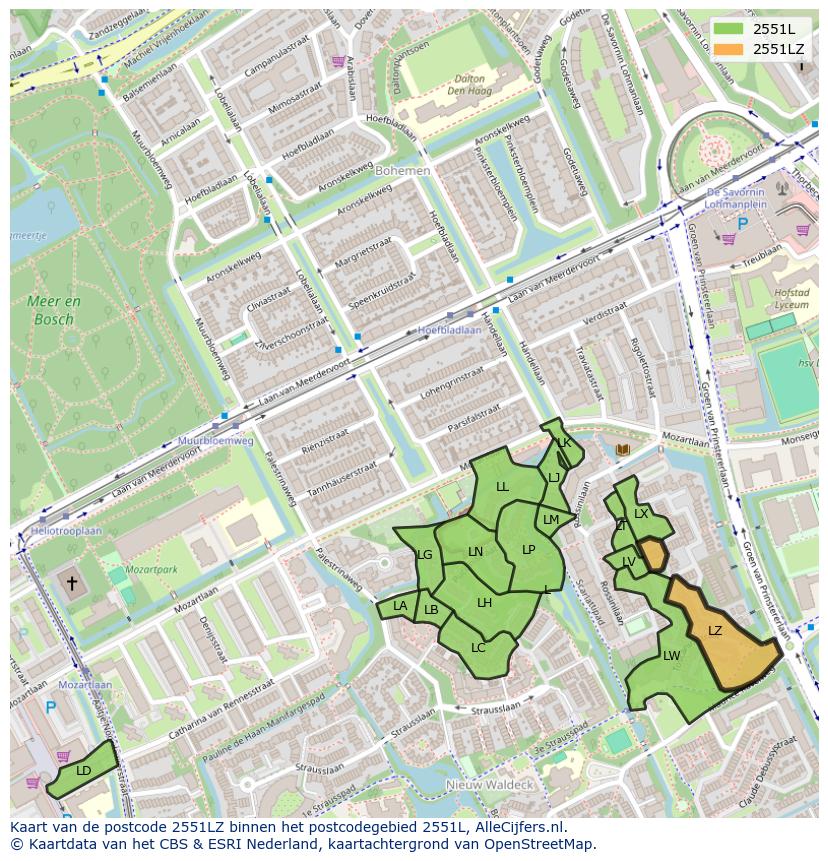 Afbeelding van het postcodegebied 2551 LZ op de kaart.
