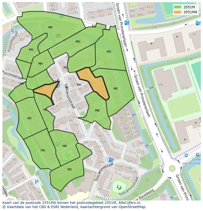 Afbeelding van het postcodegebied 2551 MA op de kaart.