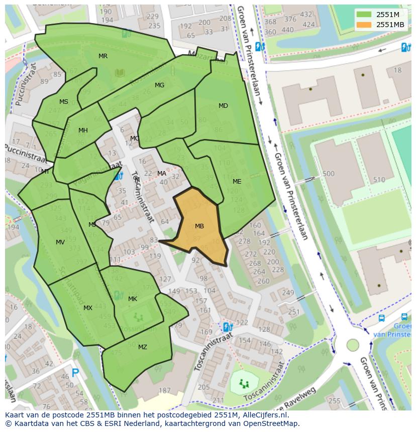 Afbeelding van het postcodegebied 2551 MB op de kaart.