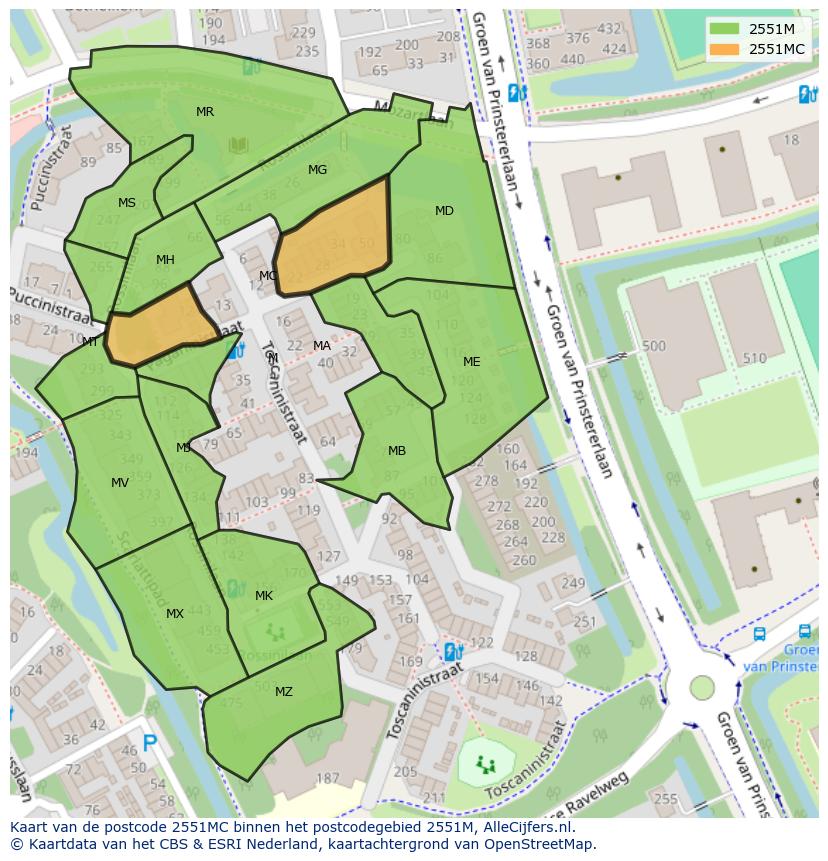 Afbeelding van het postcodegebied 2551 MC op de kaart.