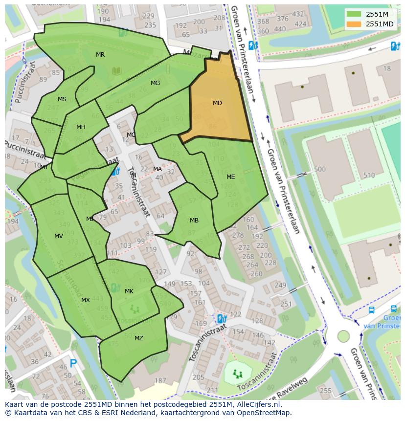 Afbeelding van het postcodegebied 2551 MD op de kaart.