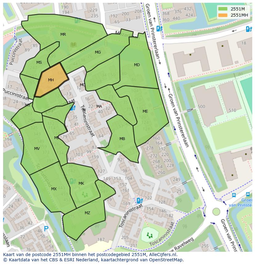 Afbeelding van het postcodegebied 2551 MH op de kaart.