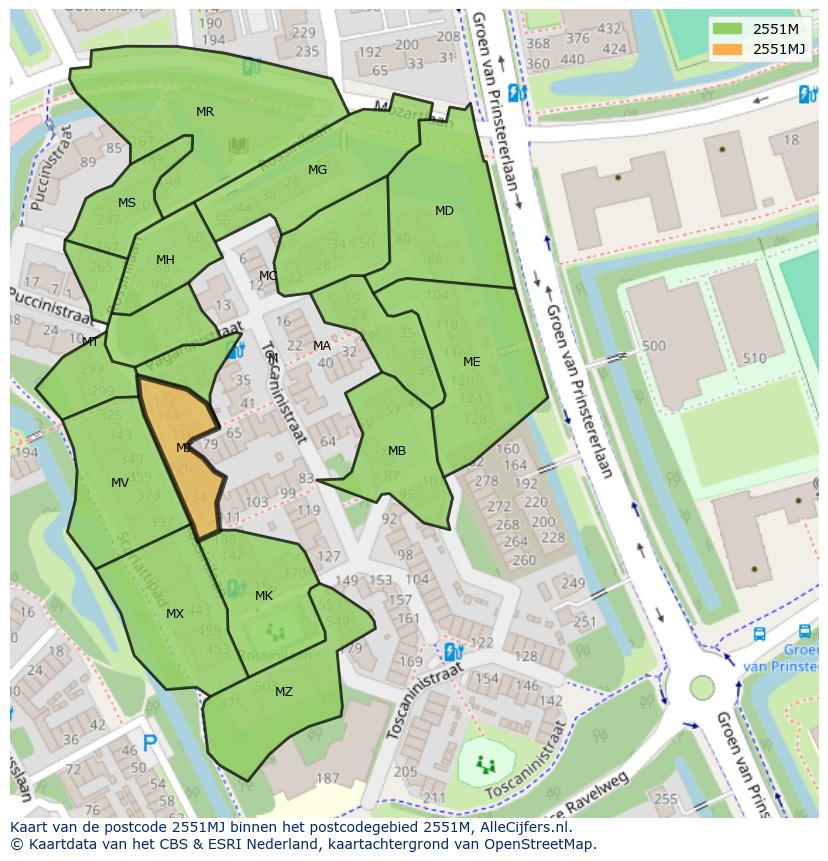 Afbeelding van het postcodegebied 2551 MJ op de kaart.