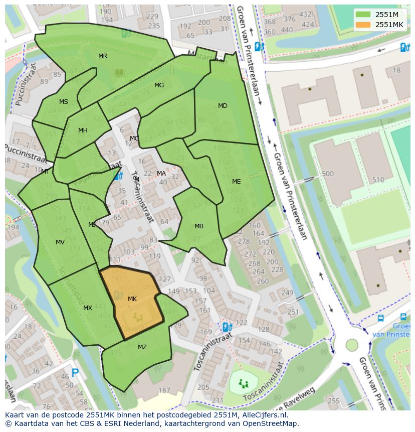 Afbeelding van het postcodegebied 2551 MK op de kaart.