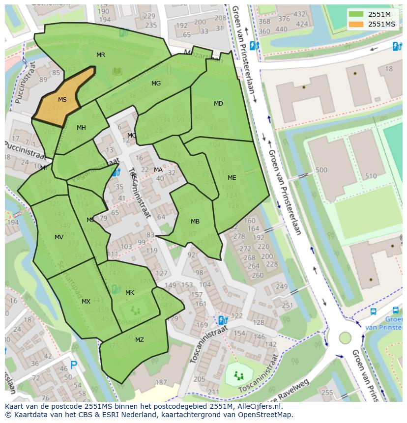 Afbeelding van het postcodegebied 2551 MS op de kaart.