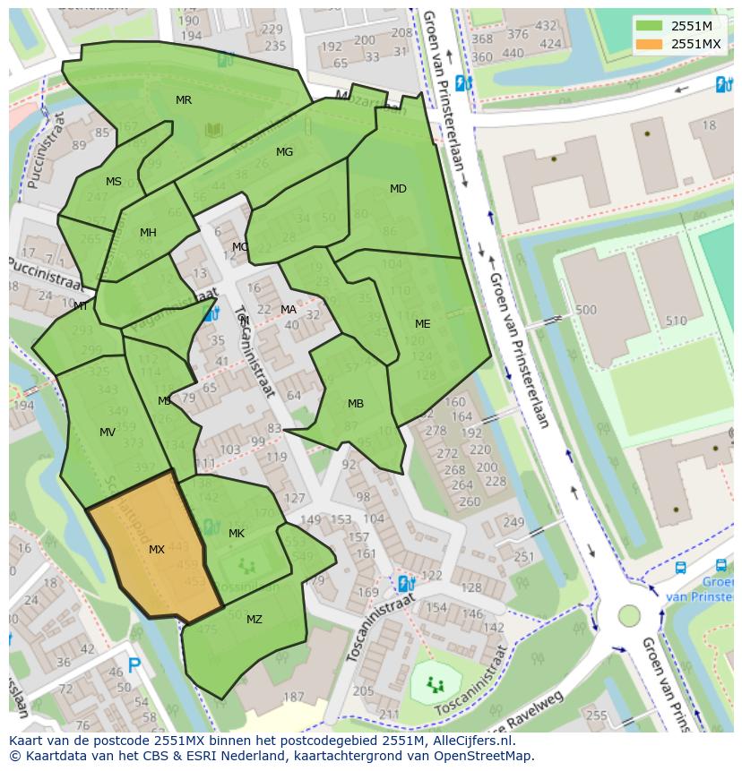 Afbeelding van het postcodegebied 2551 MX op de kaart.