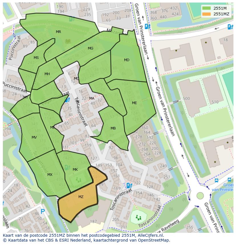 Afbeelding van het postcodegebied 2551 MZ op de kaart.