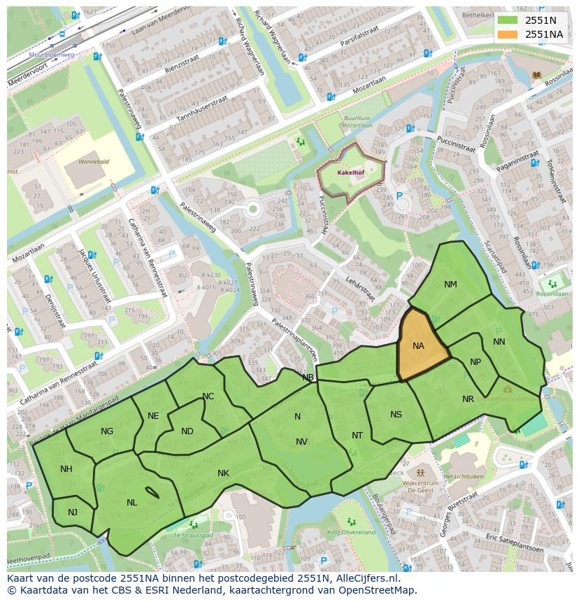 Afbeelding van het postcodegebied 2551 NA op de kaart.