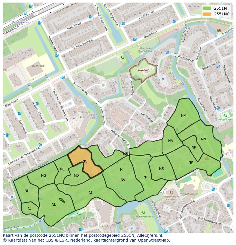 Afbeelding van het postcodegebied 2551 NC op de kaart.