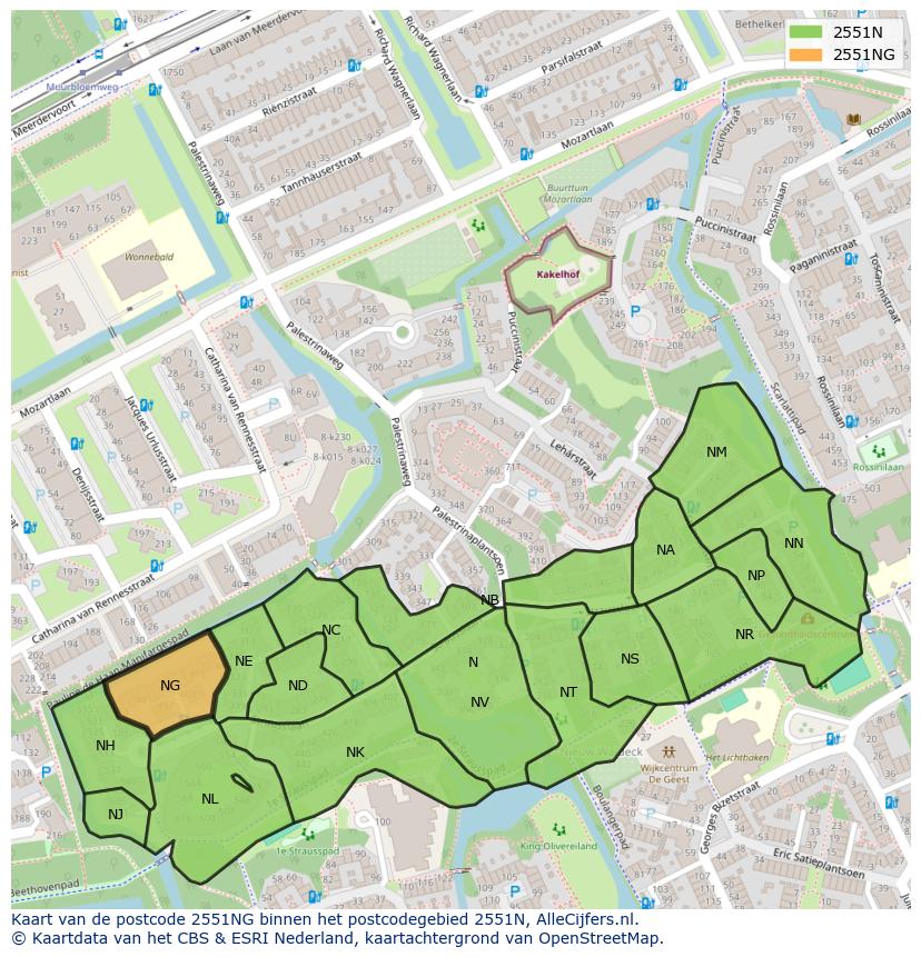 Afbeelding van het postcodegebied 2551 NG op de kaart.