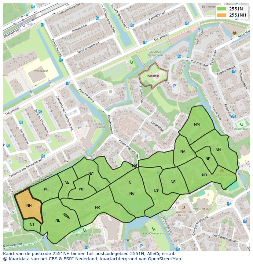 Afbeelding van het postcodegebied 2551 NH op de kaart.