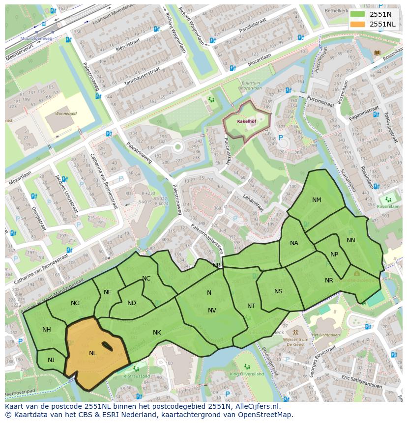 Afbeelding van het postcodegebied 2551 NL op de kaart.