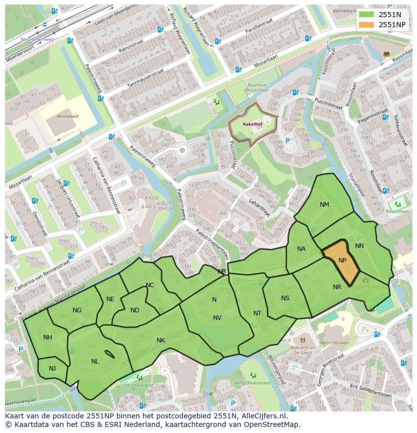 Afbeelding van het postcodegebied 2551 NP op de kaart.